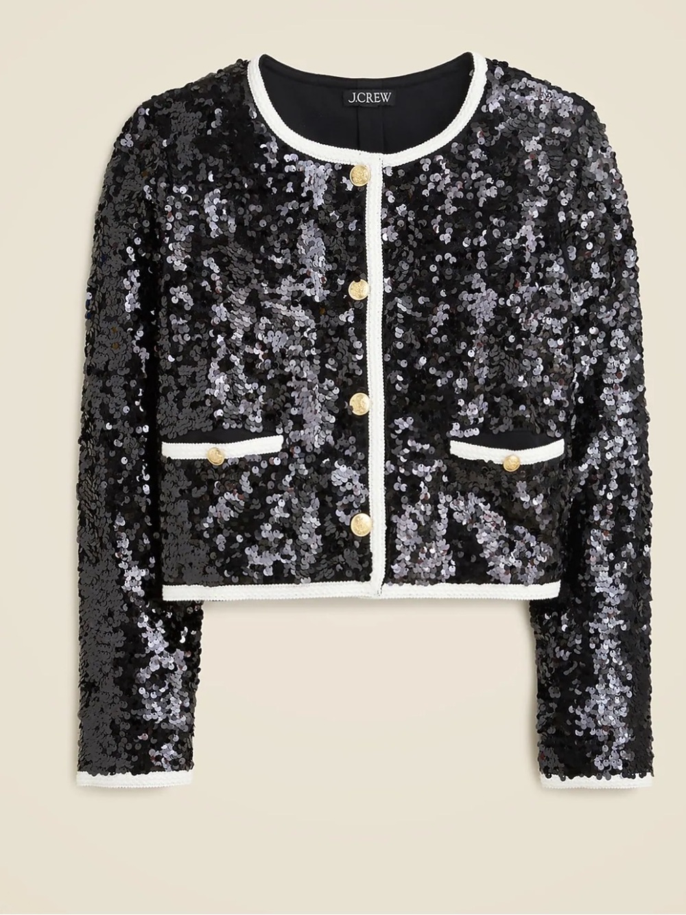 J. Crew Black Sequin Cropped Jacket with White Trim and Gold Buttons